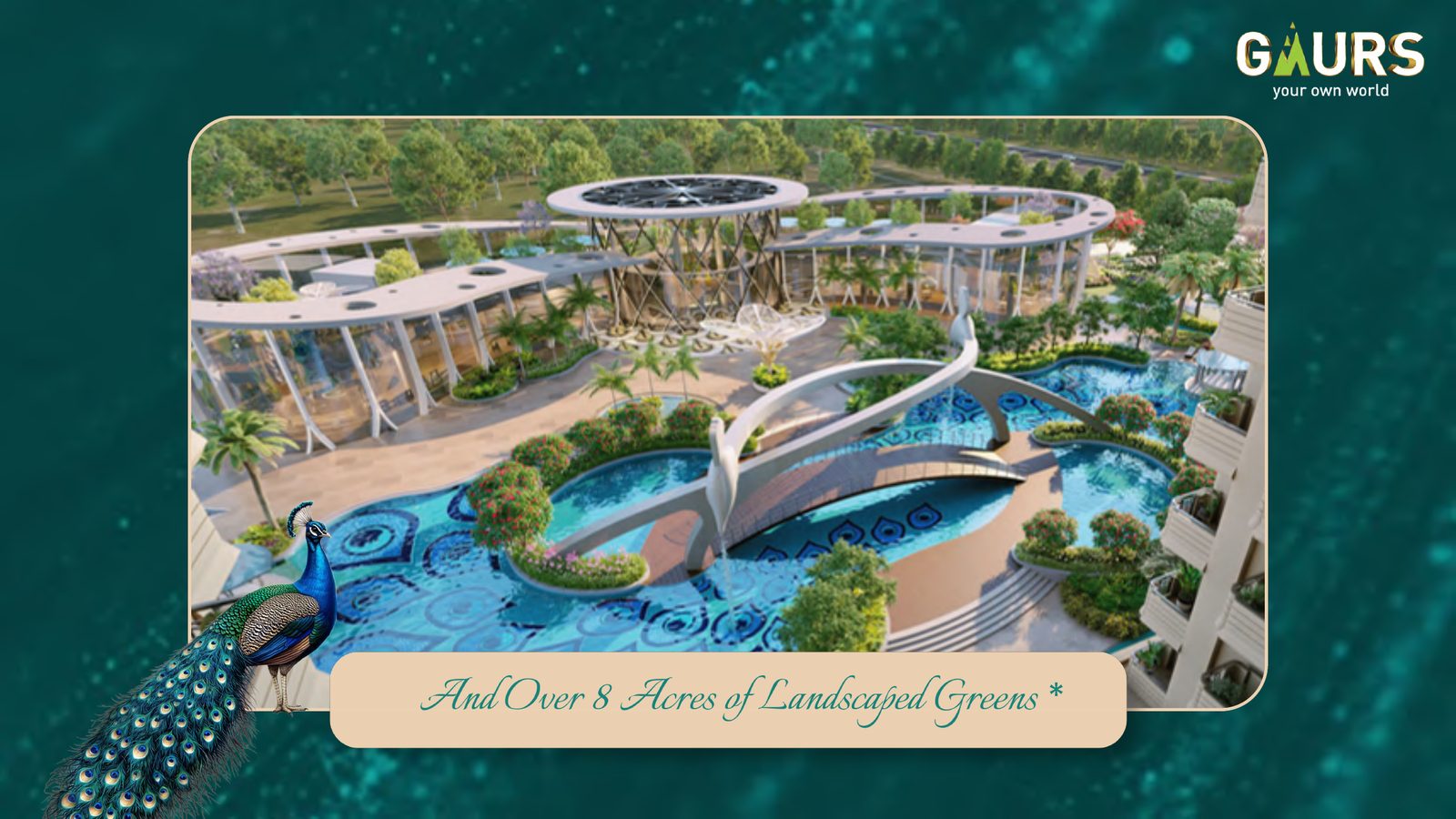 Gaur Alaris landscaped podium greens and pools render, 8+ acres — artistic impression