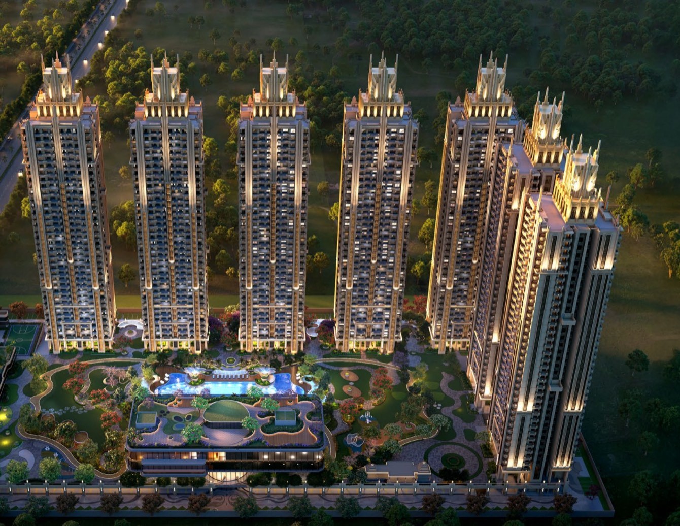 Gaur Alaris dusk masterplan aerial render — eight-tower cluster, landscaped podium and pool, Sector 22-D, Yamuna Expressway, shown under the project's earlier preview branding, Gaur Chrysalis — artistic impression